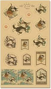 Paper sticker sheet of Dayan cat craft seals showing multiple cat illustrations, floral elements, and label-style stickers.