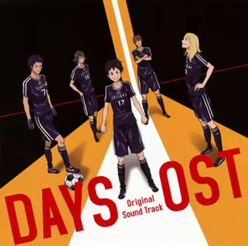 CD cover art for the TV anime "DAYS" original soundtrack showing five anime soccer players on a stylized orange and white background.