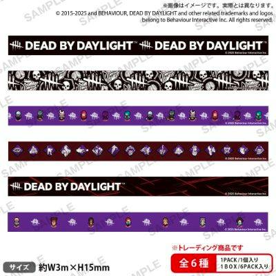 Sample sheet showing six Dead by Daylight-themed masking tape designs with size and pack information.