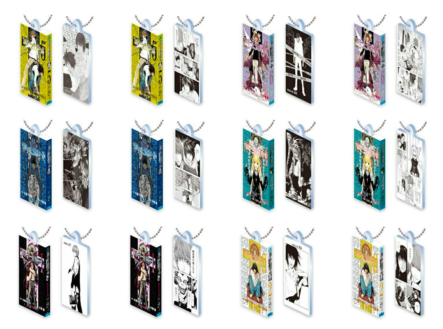 Twelve DEATH NOTE acrylic keychain charms shown in a grid with front and back views and attached ball chains.