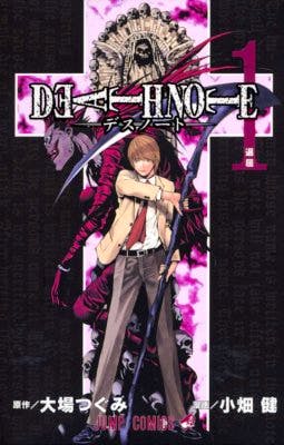 Cover art of DEATH NOTE volume 1 (Jump Comics) showing a standing male figure in a jacket with a dark creature behind him and the title logo.