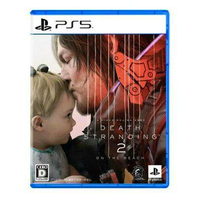 Front cover of the PS5 game case for DEATH STRANDING 2: ON THE BEACH showing an adult and a baby on the cover art.