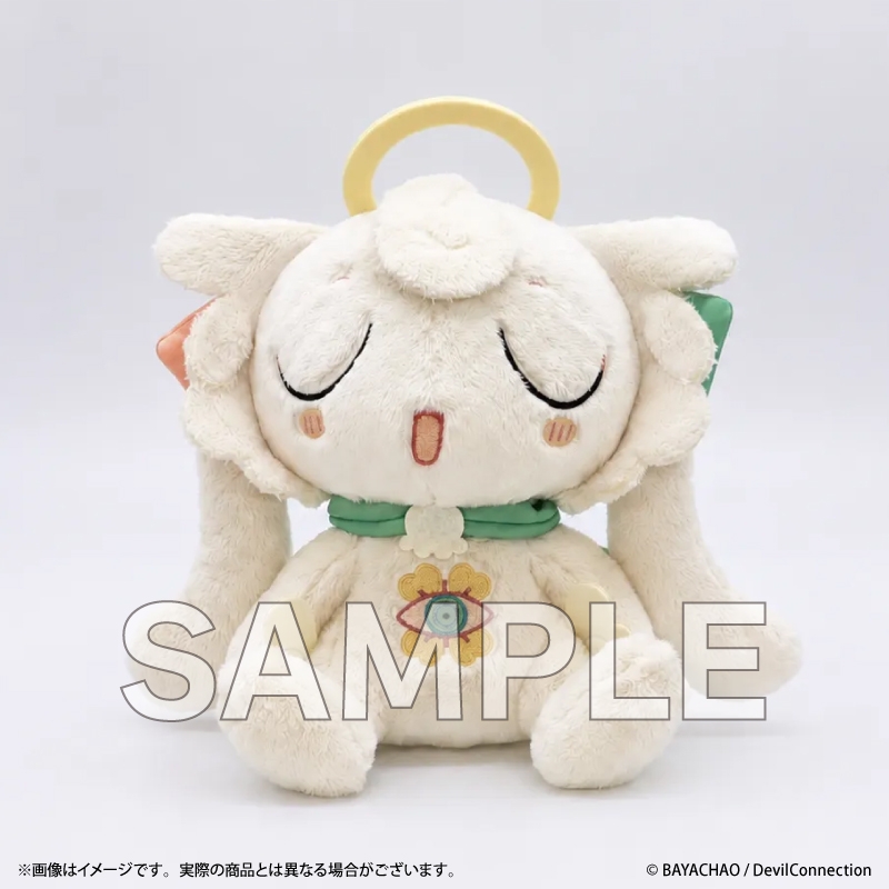 Front view of the plush toy 'クピャドエル' from Devil Connection with closed eyes, a halo, and a flower emblem on its chest.