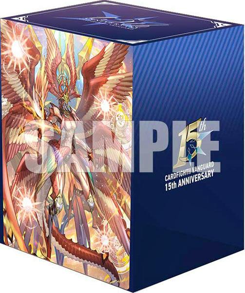 Illustrated blue cube-style plastic deck holder box for Cardfight!! Vanguard 15th Anniversary with a SAMPLE watermark.