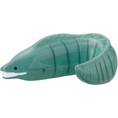 A green ceramic chopstick rest shaped like an eel.