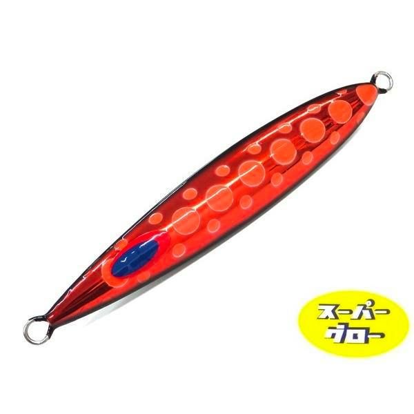 Image of the fishing lure (ディープライナー CX-β 350g) showing a red elongated jig with orange circular markings, a blue accent spot, and metal attachment rings at both ends.