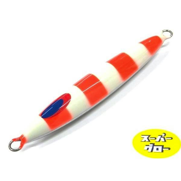 Red-and-white striped fishing jig lure with metal rings at each end on a white background, with a small yellow "スーパーグロー" label visible.