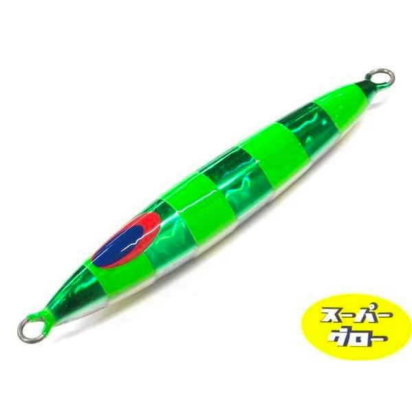 Green striped Deep Liner fishing jig with metal attachment rings and a yellow 'スーパーグロー' (super glow) label.