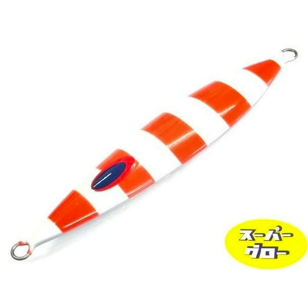 Red-and-white striped metal fishing jig (lure) with attachment rings and a small yellow "super glow" label visible.