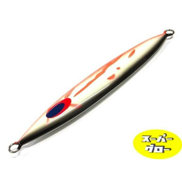 Elongated fishing jig (Slow Skip FB 250g) in aqua-orica “super glow” color with red and blue markings on a white background.