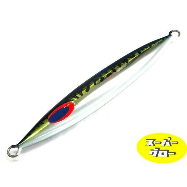 Photo of the fishing lure (Deep Liner Slow Skip FB 350g) showing a silver belly, green-black patterned back, a red-and-blue oval eye mark, and metal attachment rings at both ends.
