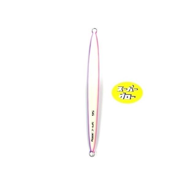 Vertical product photo of the fishing lure (Spy Cobra, 250g) in aqua-orica color with a yellow “スーパーグロー” label.
