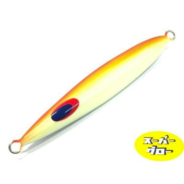 A fishing jig (lure) with orange-to-cream glow finish and metal attachment rings at both ends, shown on a white background with a yellow "スーパーグロー" label.