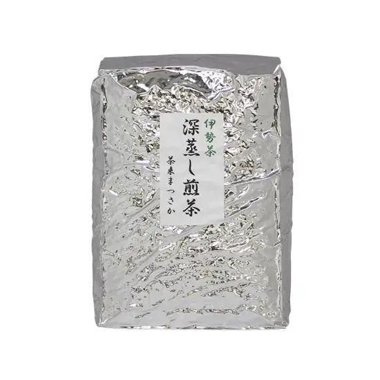 A silver foil package of 深蒸し煎茶 (2番茶・1kg) with a white vertical Japanese label.