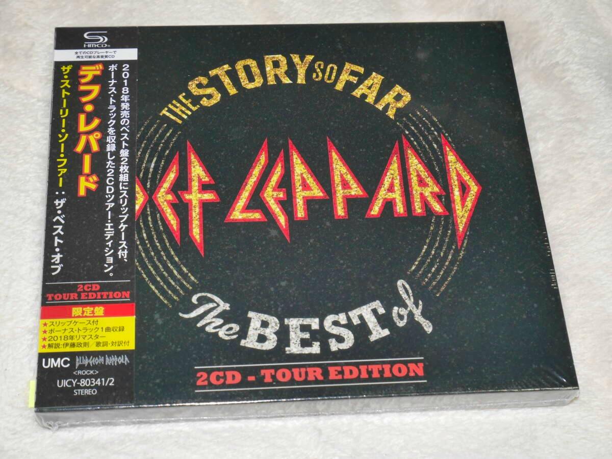 Sealed front cover of Def Leppard 'The Story So Far: The Best of' 2CD Tour Edition CD with Japanese obi strip visible.