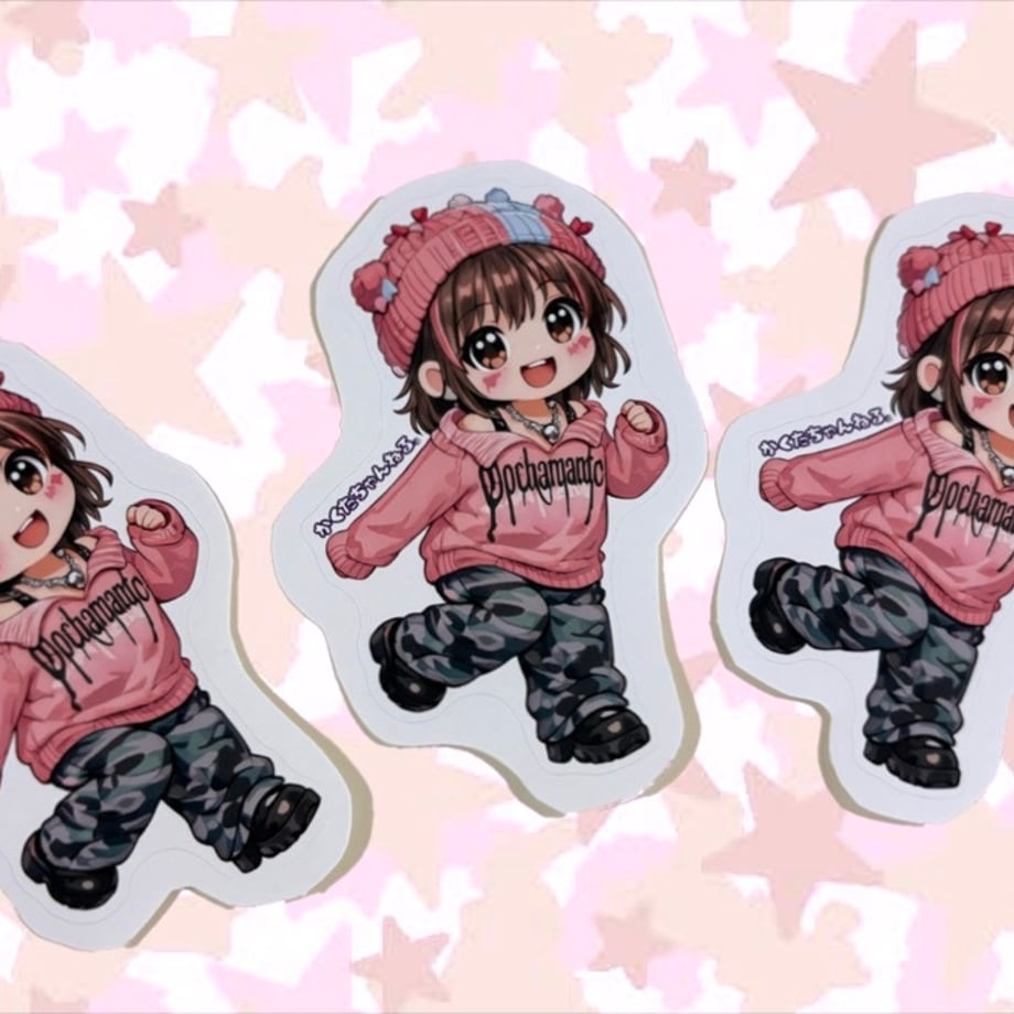 Three plastic chibi character stickers showing a smiling girl wearing a pink hoodie and a knit hat.