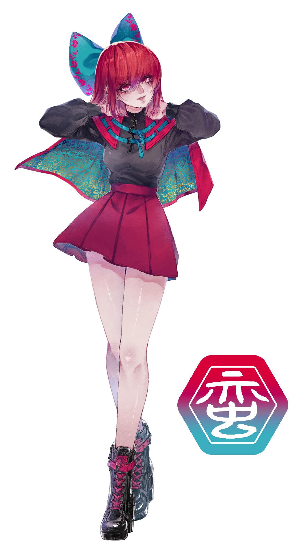 Full-body illustration for the acrylic decorative stand showing a red-haired girl wearing a red skirt, black top and a patterned cape, with a logo at the lower right.