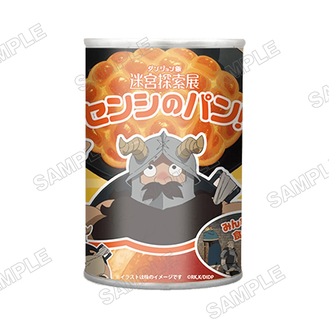 Photo of the packaged bread product in a can labeled ダンジョン飯 迷宮探索展 センシのパン, showing an illustrated horned character and a large bread image on the label.