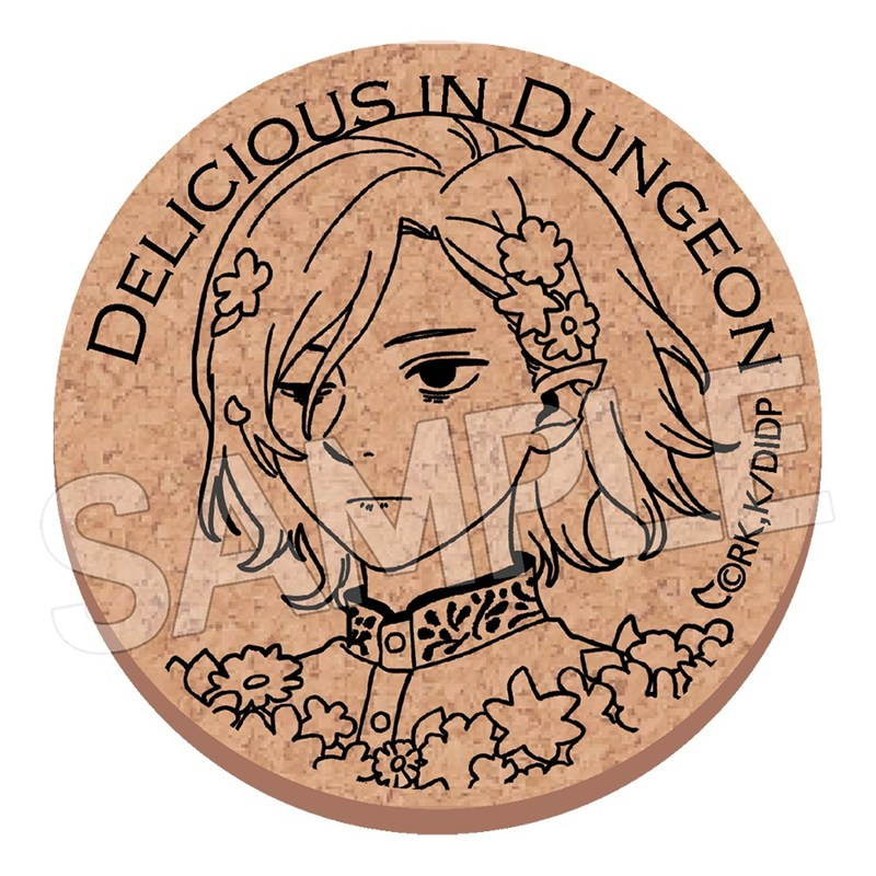 Round cork coaster featuring a black line-art portrait of Misurun with a flower crown and the text "DELICIOUS IN DUNGEON" around the top.