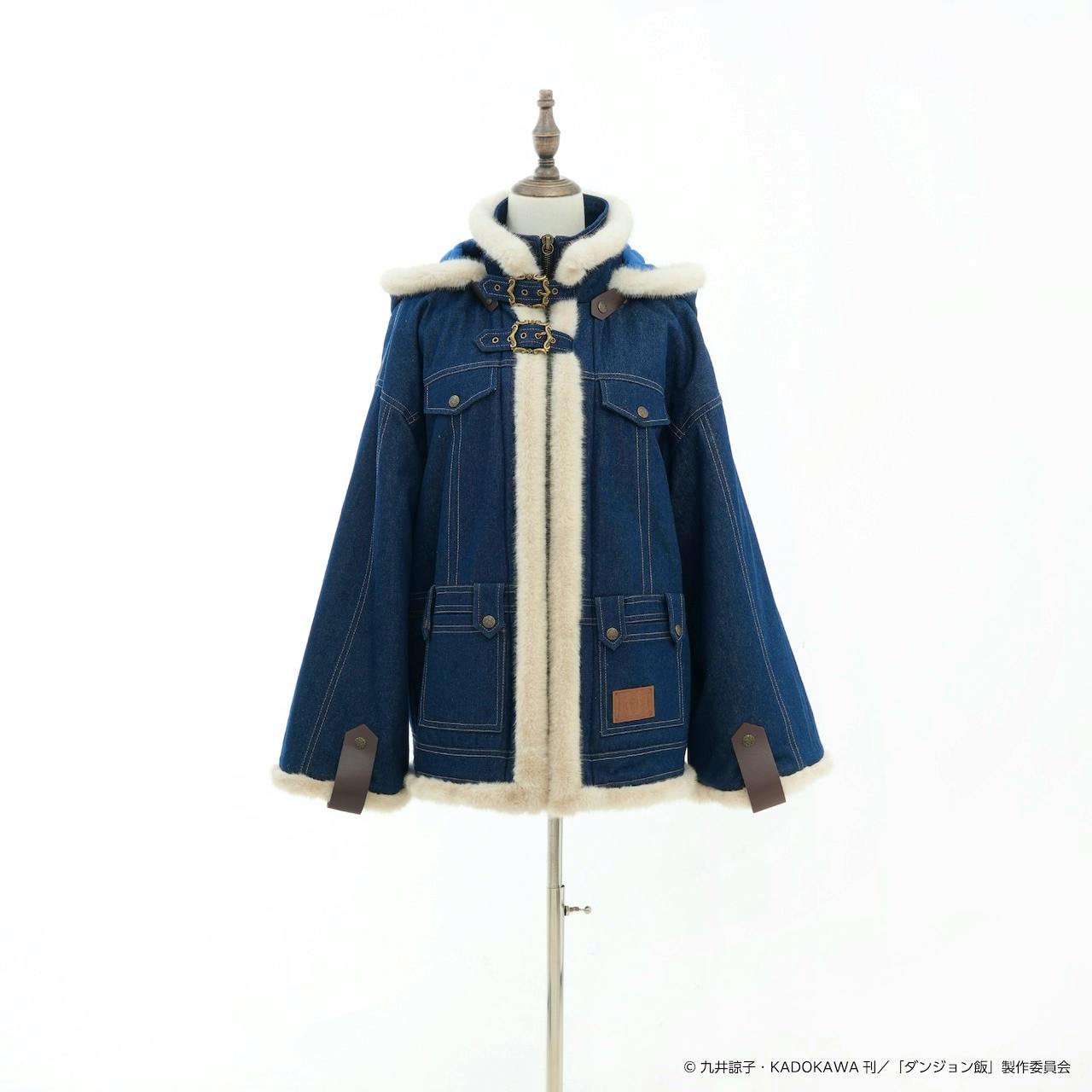 Blue short coat with white fur trim and decorative buckles displayed on a mannequin against a white background.