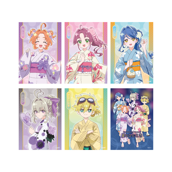 Six illustrated bromide postcards from "Detective Precure!" showing characters in summer yukata arranged in a 2x3 grid.