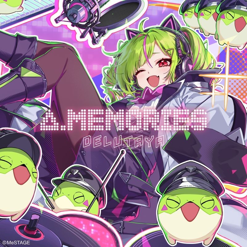 Cover art for the CD showing an anime-style green-haired character wearing headphones surrounded by small bird-like mascots, with the title "Δ.MEMORIES" and artist name "DELUTAYA" visible.