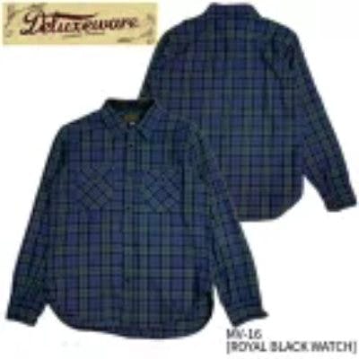 Front and back views of a men's long-sleeve cotton shirt in royal black watch plaid.