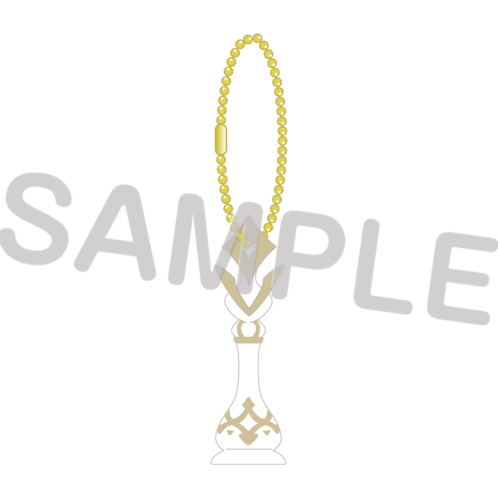Illustrated metal bag charm with a gold ball chain and a white decorative pendant with gold patterning.
