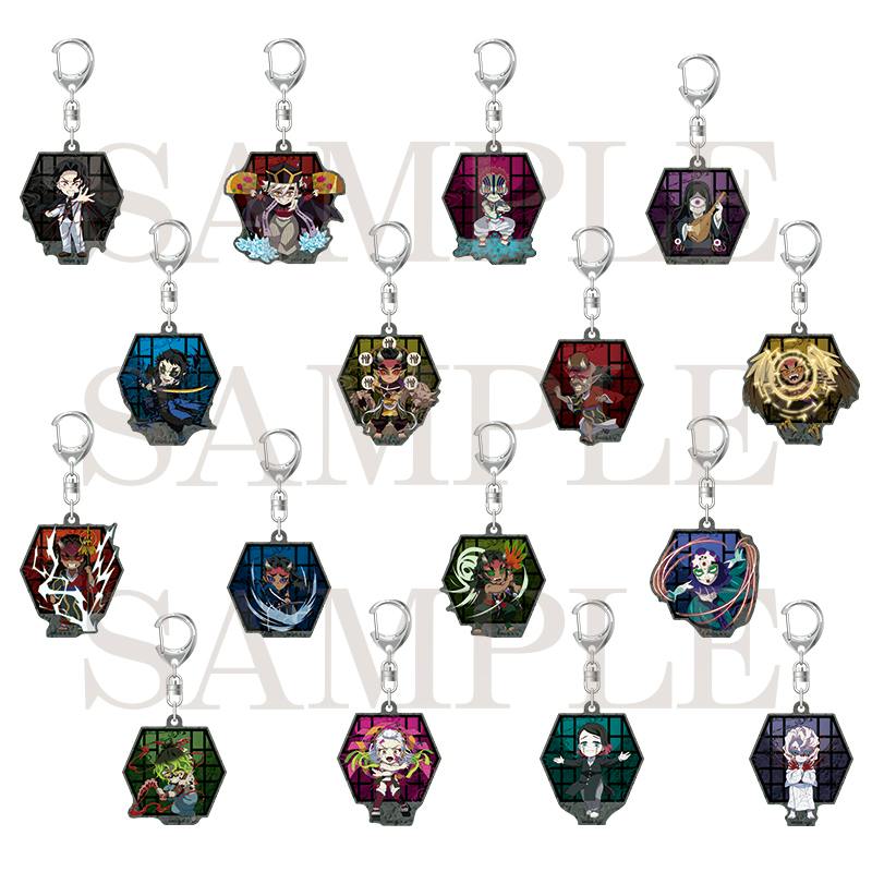 Sixteen Demon Slayer acrylic keychain charms showing different characters arranged in a 4x4 grid on a white background.