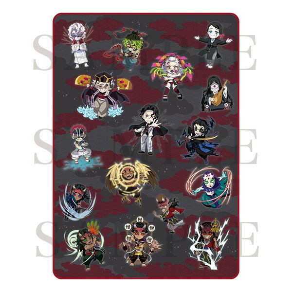 Polyester blanket mockup showing chibi demon characters from the anime Demon Slayer on a dark background with a red border and "SAMPLE" watermark.
