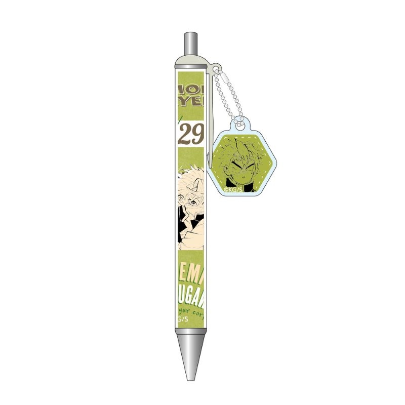 Rendered image of the mechanical pencil showing a green Sanemi Shinazugawa–themed barrel and an attached hexagonal face charm.