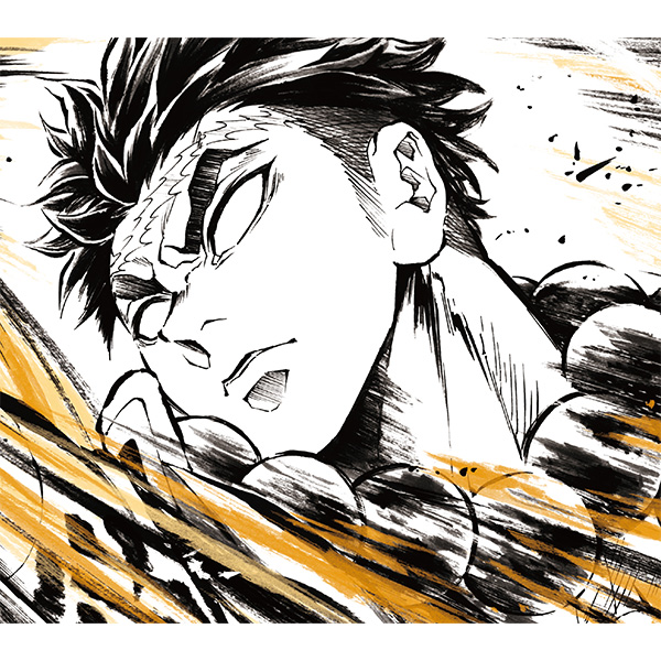 Vinyl record cover art for '鬼滅の刃' showing a manga-style black-and-white portrait of a character with gold brush stroke accents.
