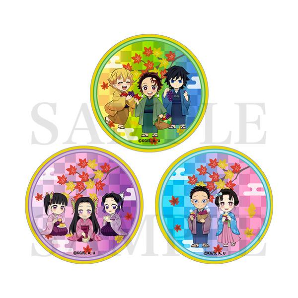 Three round tin designs for Demon Slayer memo pads, each showing chibi anime characters against colored backgrounds.