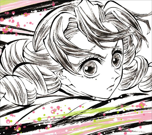 Album cover art for the vinyl soundtrack: black-and-white illustrated close-up of an anime-style character's face with ribboned hair and pink and green paint-splash accents.