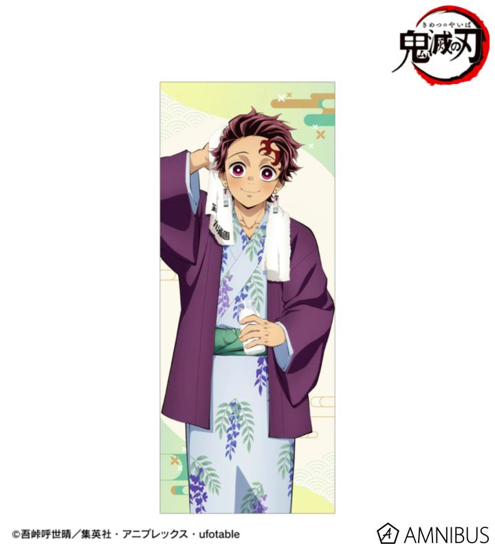 Face towel design showing the character Tanjiro Kamado wearing an onsen yukata with a small towel around his neck and holding a cup.