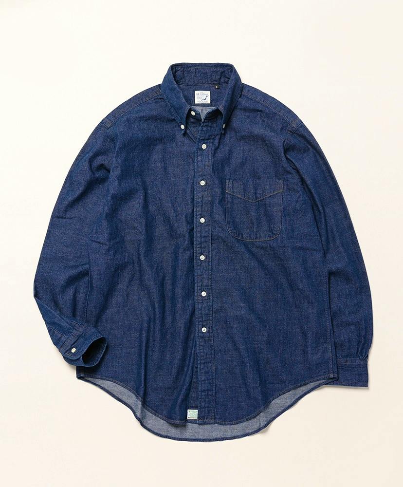 Dark denim men's button-down shirt laid flat showing the front, button placket, collar, chest pocket, and long sleeves.