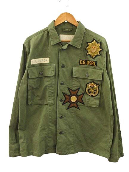 Front view of a DENIM & SUPPLY RALPH LAUREN khaki-green cotton military-style men's jacket with multiple patches, hanging on a wooden hanger.