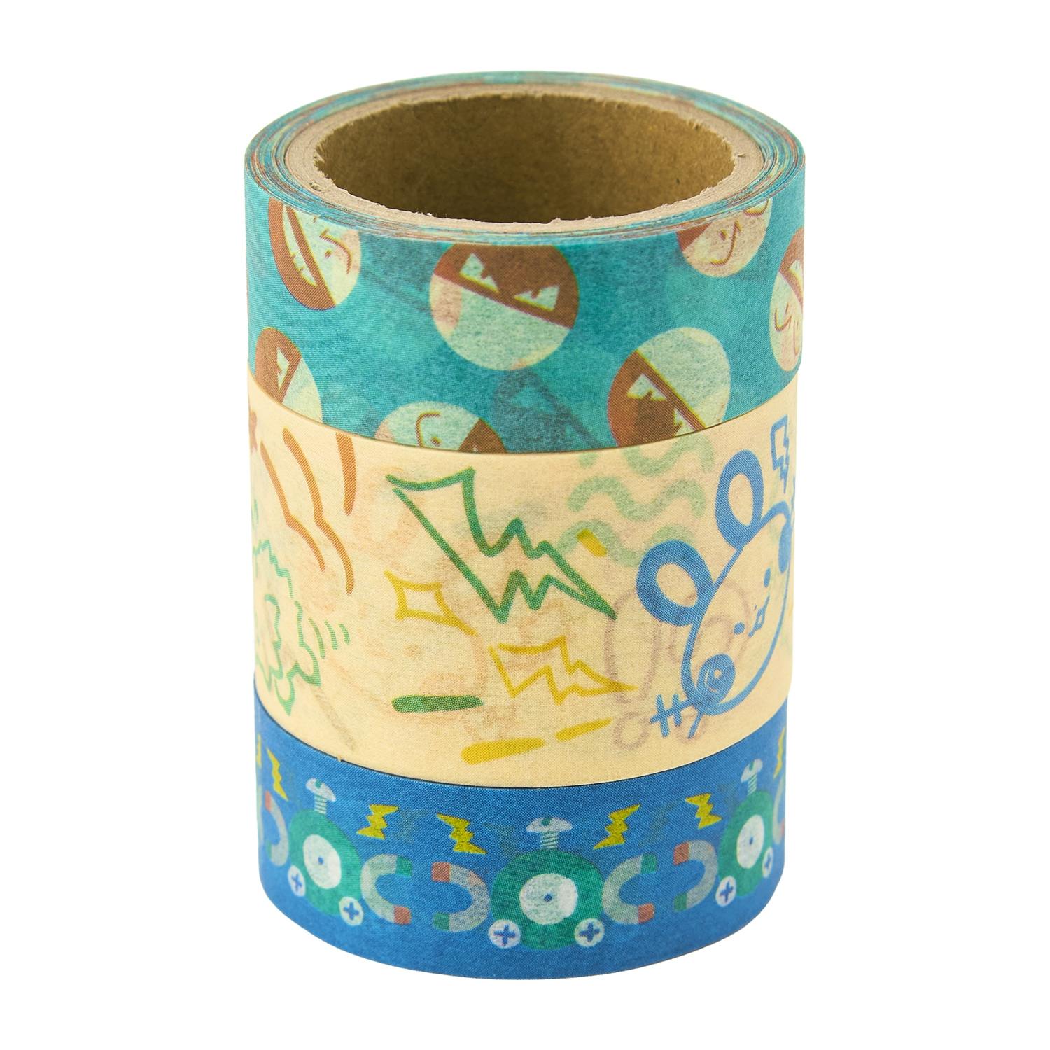 Three rolls of decorative masking tape with blue and beige cartoon patterns stacked vertically.