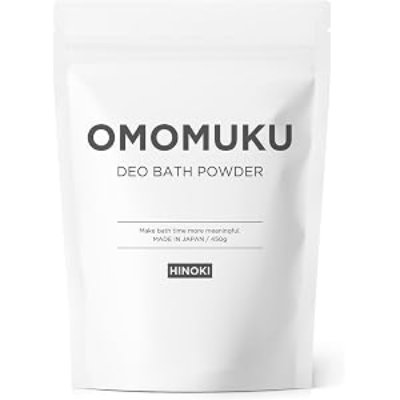 White resealable pouch labeled "OMOMUKU DEO BATH POWDER" with a small "HINOKI" label on the front.