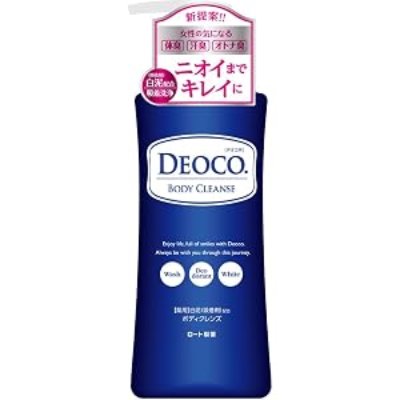 Blue bottle of DEOCO Medicated Body Cleanser showing the product label and a pink Japanese header.