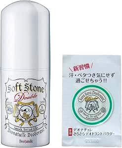 White Deonatulle Soft Stone antiperspirant stick displayed beside a small smooth powder sachet.
