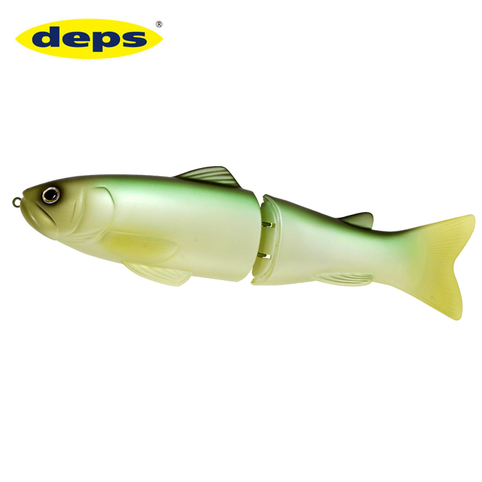 A Deps New Slide Swimmer 300 jointed fishing lure in green and yellow coloration on a white background.