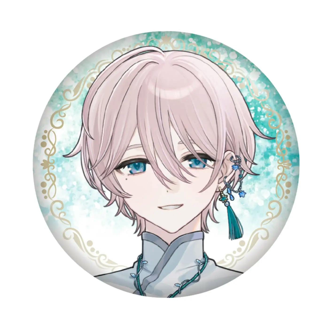 A round badge showing an illustrated pale pink‑haired character with blue eyes and dangling teal earrings on a decorative teal background.