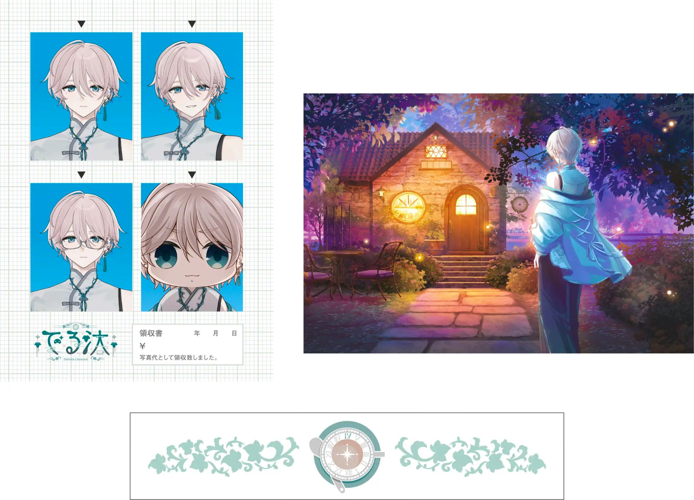 A printed sheet showing multiple illustrated character sticker designs on a blue grid background alongside a separate scenic illustration print.