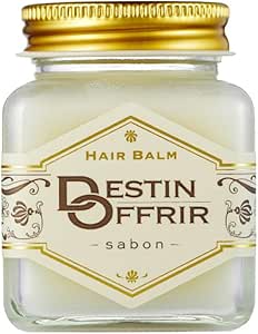 Clear jar of DestinOffrir Hair Balm Sabon with a gold screw cap and decorative label.