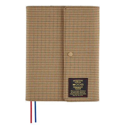 Closed polyester Detective Conan (Case Closed) A5 cousin-size book cover in a brown houndstooth pattern with two ribbon bookmarks and a small rectangular label on the front.