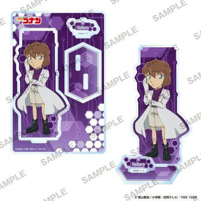 Mockup images of the Detective Conan diorama acrylic stand (Gloves ver.) of 灰原哀 showing the character figure and base on a purple background.