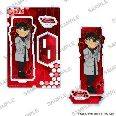 Image shows the Conan Edogawa diorama acrylic stand and its separate base on a red patterned backing.