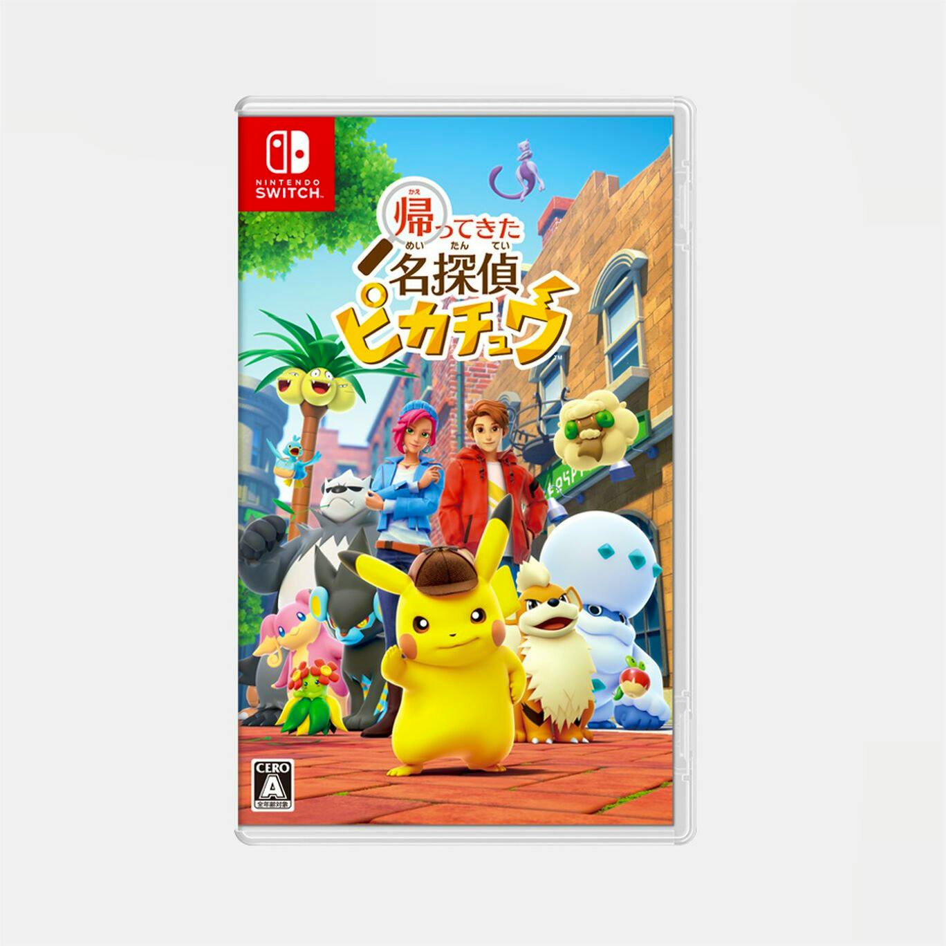 Nintendo Switch game cover art for 帰ってきた 名探偵ピカチュウ showing Detective Pikachu and other Pokémon in a city street with the Japanese title.