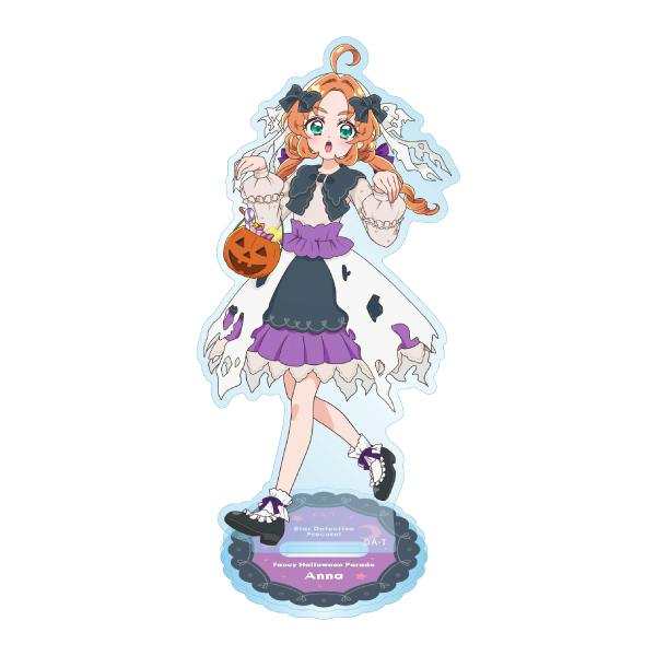 Acrylic display stand of Anna from Fancy Halloween Parade in a Halloween costume holding a jack-o'-lantern, mounted on a decorative round base.